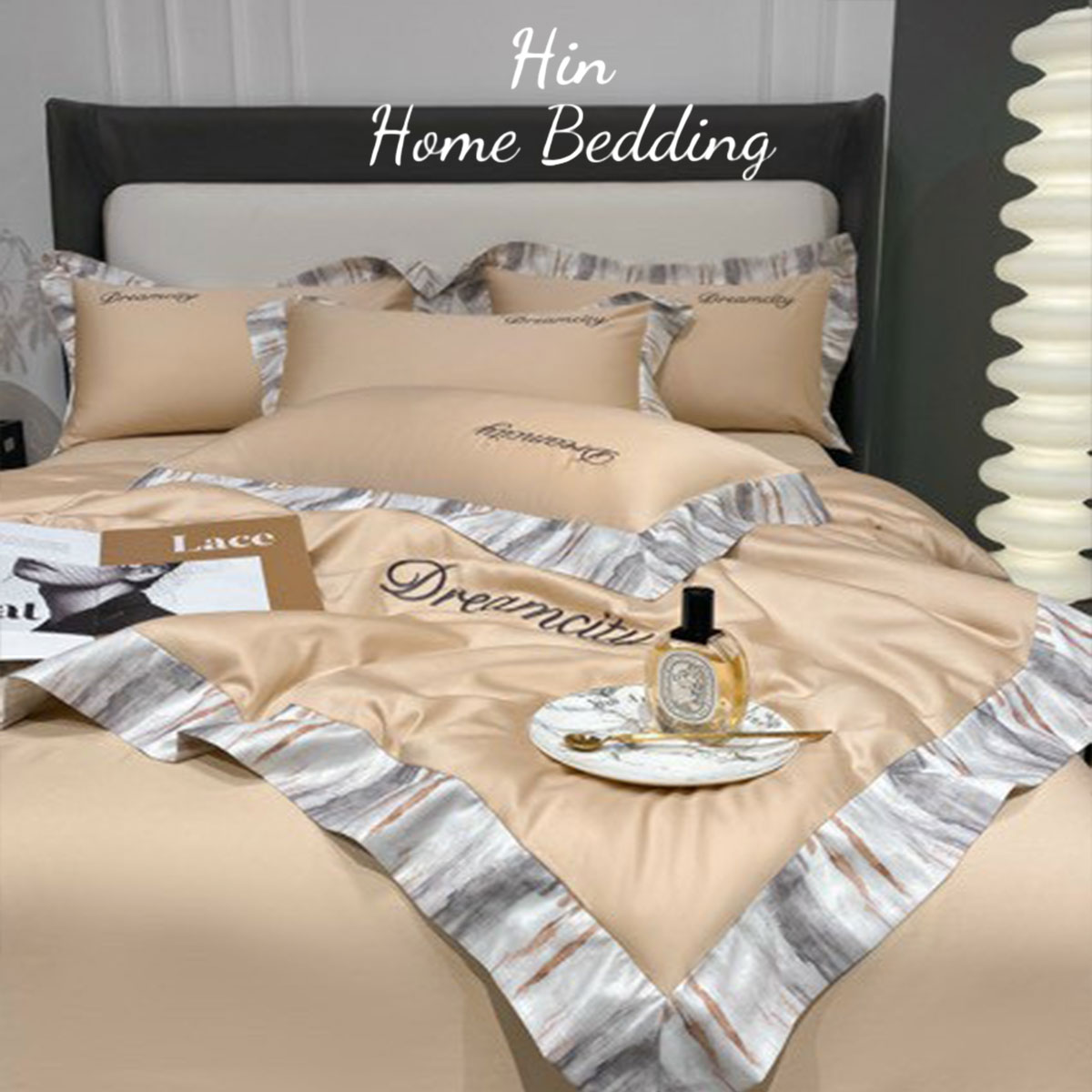 Bộ Chăn Ga Gối Đệm 5 Món Chăn Phao Lụa Thái Hin Home Bedding Mẫu Vàng