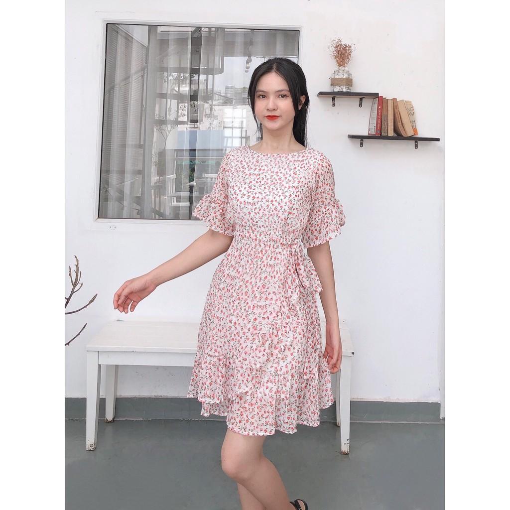 ĐẦM DỰ TIỆC ĐI DẠO NỀN TRẮNG HOA HỒNG NHÍ CỔ TRÒN TAY LỠ PHỐI VẠT TẦNG BÈO+Kèm Dây Cột Eo