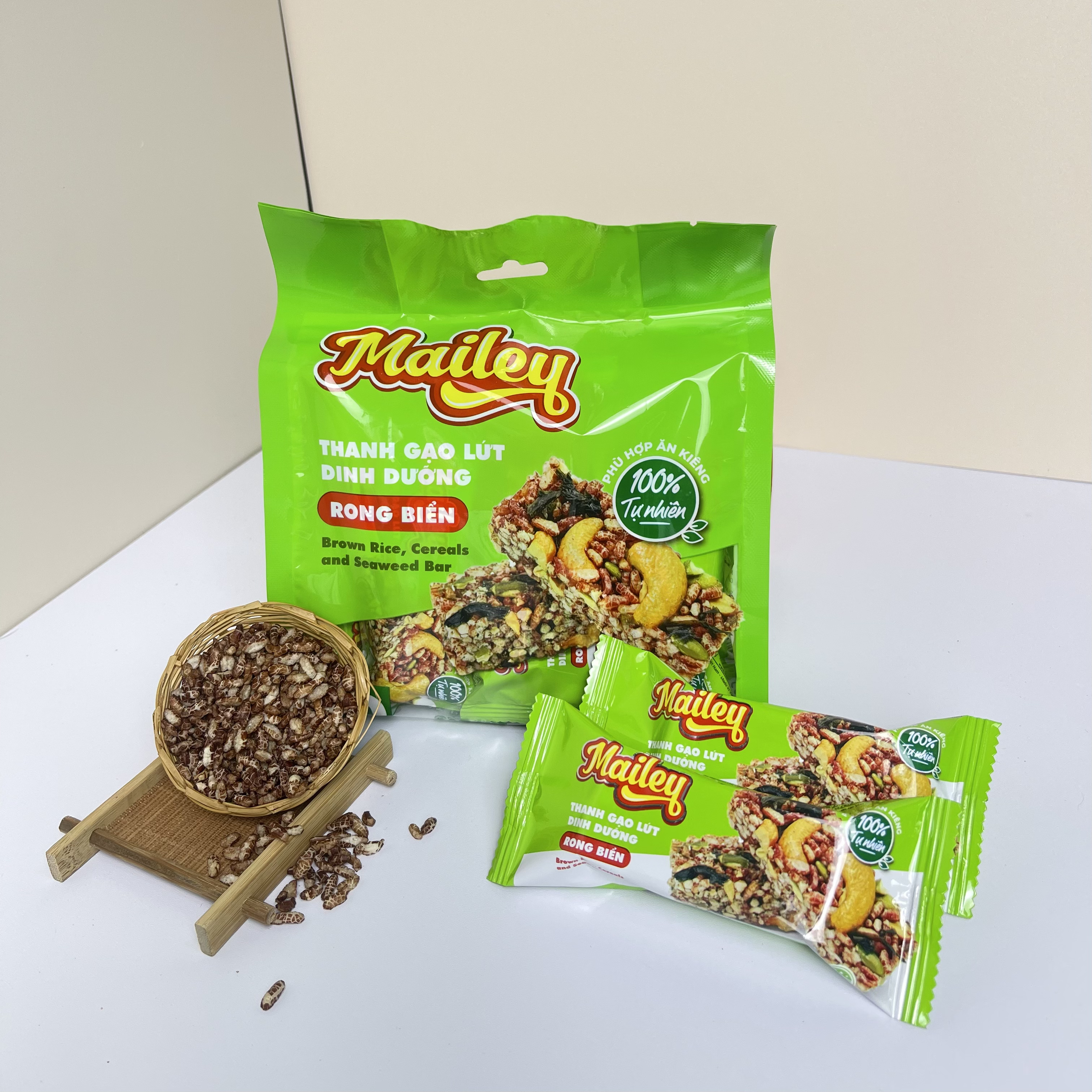 Thanh gạo lứt dinh dưỡng rong biển Mailey túi 180g giòn thơm