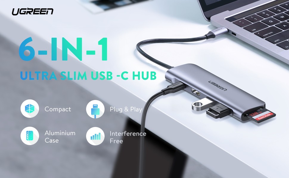 Bộ chuyển đổi đa năng TypeC sang 2 USB 3.0 + HDMI + SD, TF+ PD  Ugreen - hàng chính hãng 70411