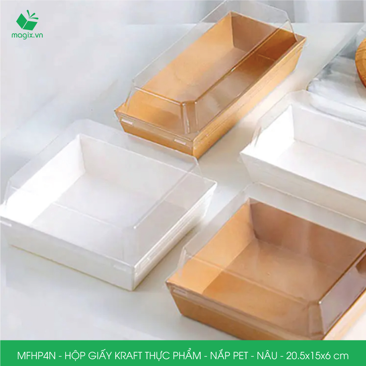 MFHP4N - 20.5x15x6 cm - 50 hộp giấy kraft thực phẩm màu nâu nắp Pet, hộp giấy chữ nhật đựng thức ăn, hộp bánh nắp trong