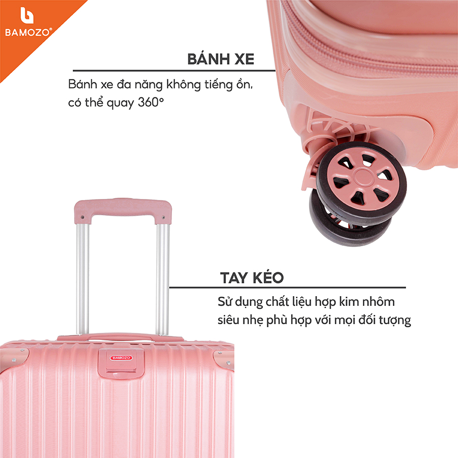 Vali du lịch BAMOZO 8809 MÀU BẠC size 20/24/28 , vali kéo nhựa bảo hành 5 năm