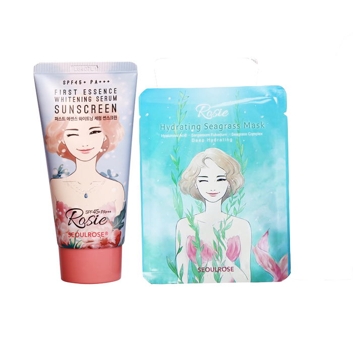 Combo Chăm Sóc Da Kem Chống Nắng Rosie Seoul Rose First Essence Whitening Serum Sunscreen và 5 Mặt nạ cỏ biển Rosie (5 miếng x22gr)