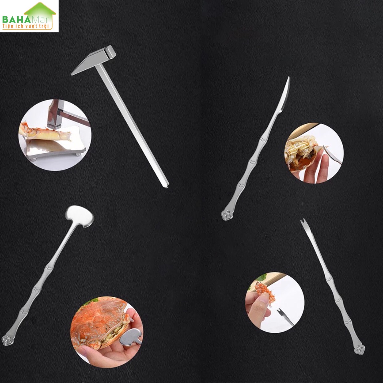 BỘ DỤNG CỤ ĂN CUA GHẸ - HẢI SẢN INOX TIỆN ÍCH CAO CẤP CÓ HỘP GỖ "BAHAMAR" thích hợp cho bất kỳ loại hải sản như tôm hùm, sò, ốc, cua và cũng có thể sử dụng khi ăn quả óc chó, hạnh nhân…