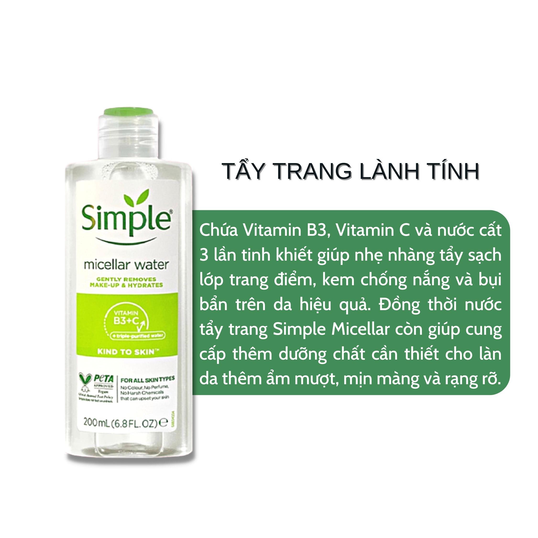 Nước Tẩy Trang Simple Micellar Cleansing Water Làm Sạch Trang Điểm Không Chứa Cồn 200ml