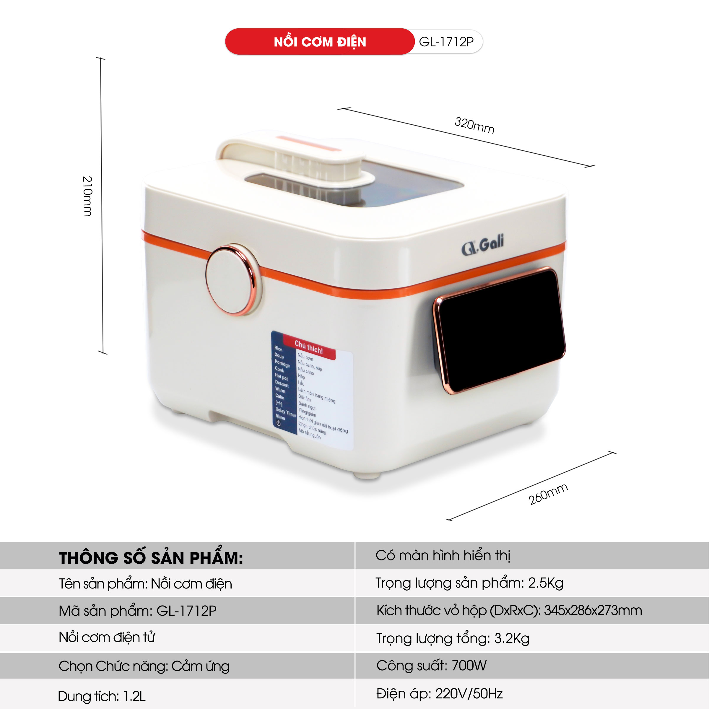 Nồi cơm điện Gali GL-1712P Dung tích 1.2L. Thiết kế đa chức năng nấu, nhỏ gọn, nắp có thể tháo rời. Lòng nồi siêu dày, giữ nhiệt tốt. Hàng chính hãng bảo hành 24 tháng