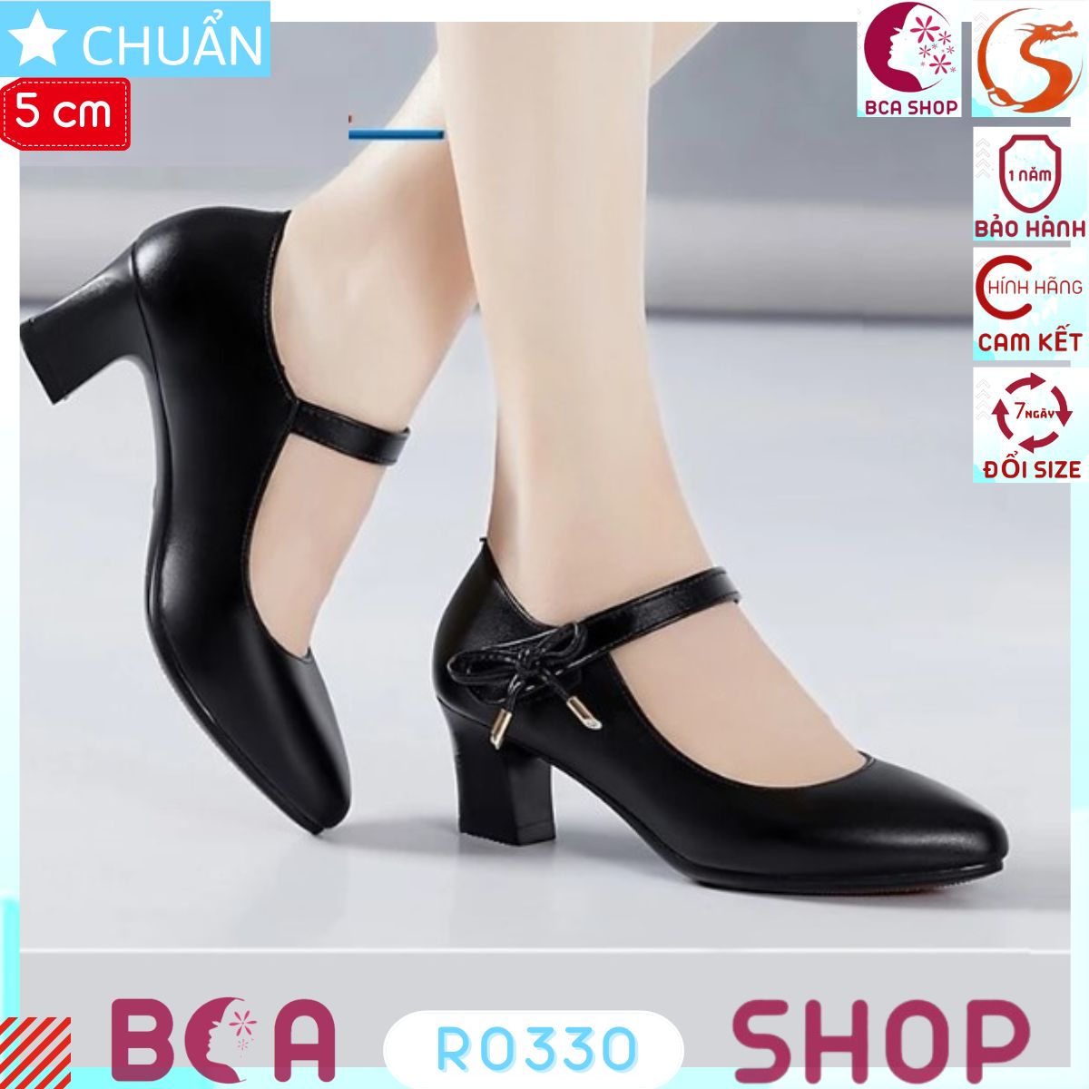 Giày cao gót nữ 5p RO330 ROSATA tại BCASHOP màu đen, mũi tròn, quai keo gai và có đính nơ nhã nhặn, thanh lịch