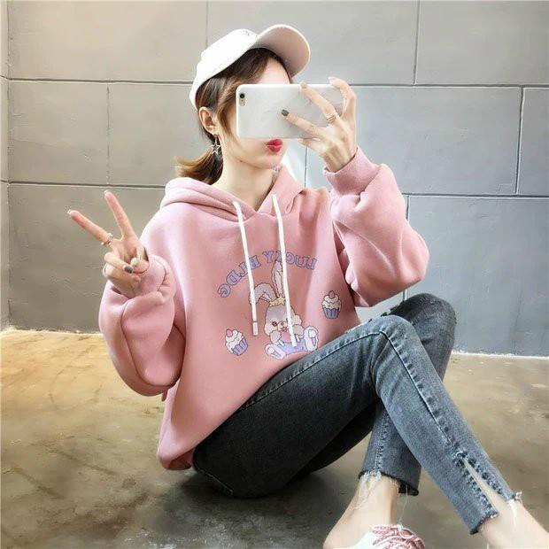 ÁO KHOÁC NỈ HOODIE IN HÌNH, NÓN PHỐI TAI THỎ XINH XẮN