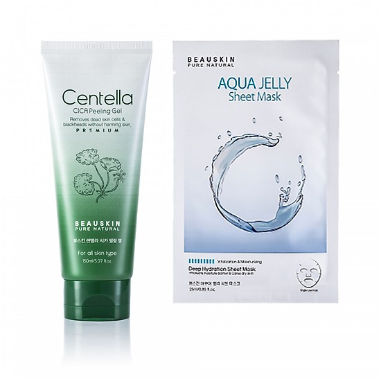 Combo Tẩy da chết tái tạo phục hồi da Beauskin Centella Cica và Mặt nạ cấp ẩm sâu Aqua Jelly Sheet Mask - Hàn Quốc Chính Hãng