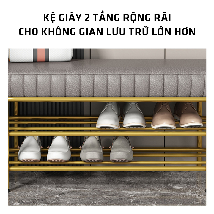 Kệ Giày Dép 2 Tầng Khung Sắt Sơn Chống Gỉ Kết Hợp Ghế Ngồi Da Cao Cấp - Băng Ghế Đẩu Kiêm Kệ Để Giày Dép , Trang Trí Cửa Hàng