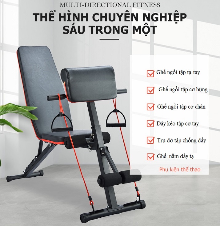 Ghế tập thể dục đa năng - Hỗ trợ tập các bài tập tạ, cơ bụng, cơ tay gấp gọn - Chất liệu khung thép và đệm xốp bọc da PU