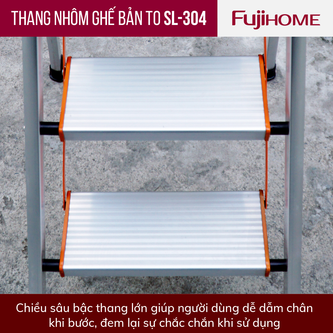 Thang ghế nhôm tay vịn chữ A bản to 4 bậc 1,4m xếp gọn Nhật Bản Fujihome chống trượt, Ghế thang chữ A thắp nhang gia đình đa năng rút gọn inox 1m4 mét step stool ladder