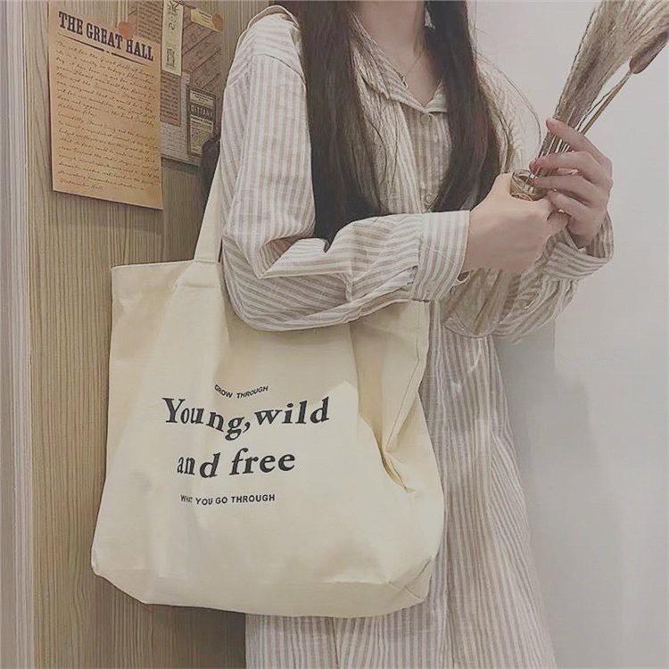 Túi Tote Vải Canvas AND FREEE Nữ phong cách Ulzzang Có ngăn phụ Khóa Kéo chất liệu dày dặn