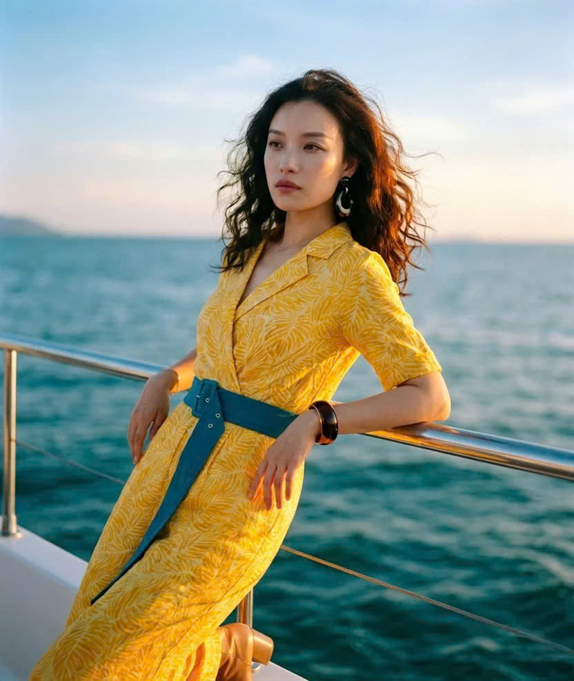 Đồ Bay Jumpsuits Linen Vàng Họa Tiết Lá Kim Diệp DRE239 thời trang thiết kế Hity