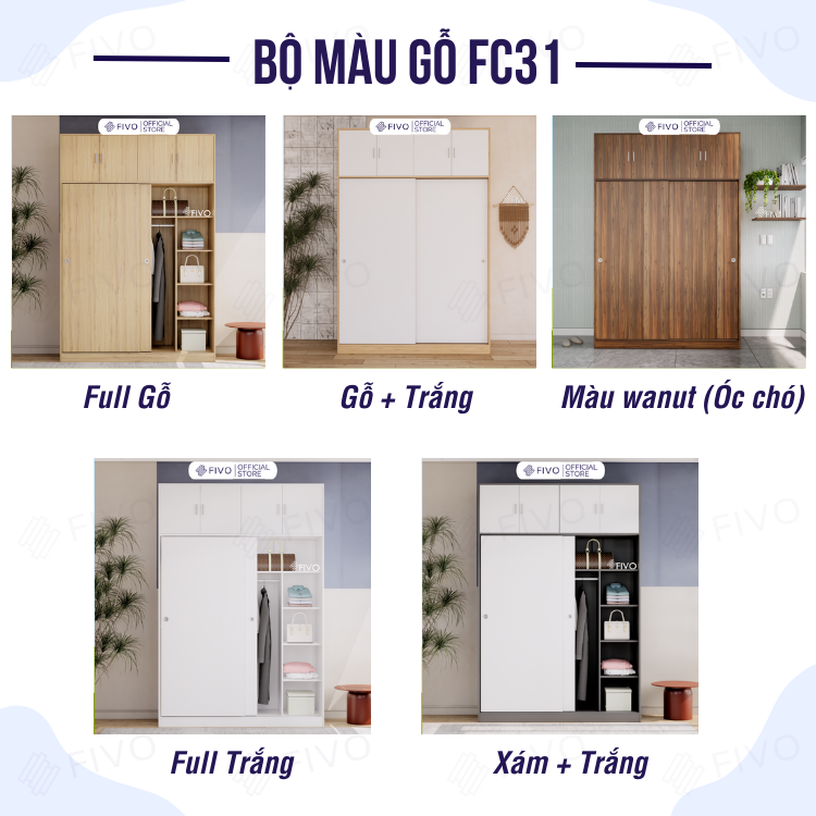 Tủ Gỗ Quần Áo Cửa Lùa Gỗ Lõi Xanh Chống Ẩm FIVO Mẫu FC31 Diện Tích Để Đồ Rộng Rãi, Móc Treo Tiện Dụng Mẫu Mã Hiện Đại - Màu Trắng + Gỗ