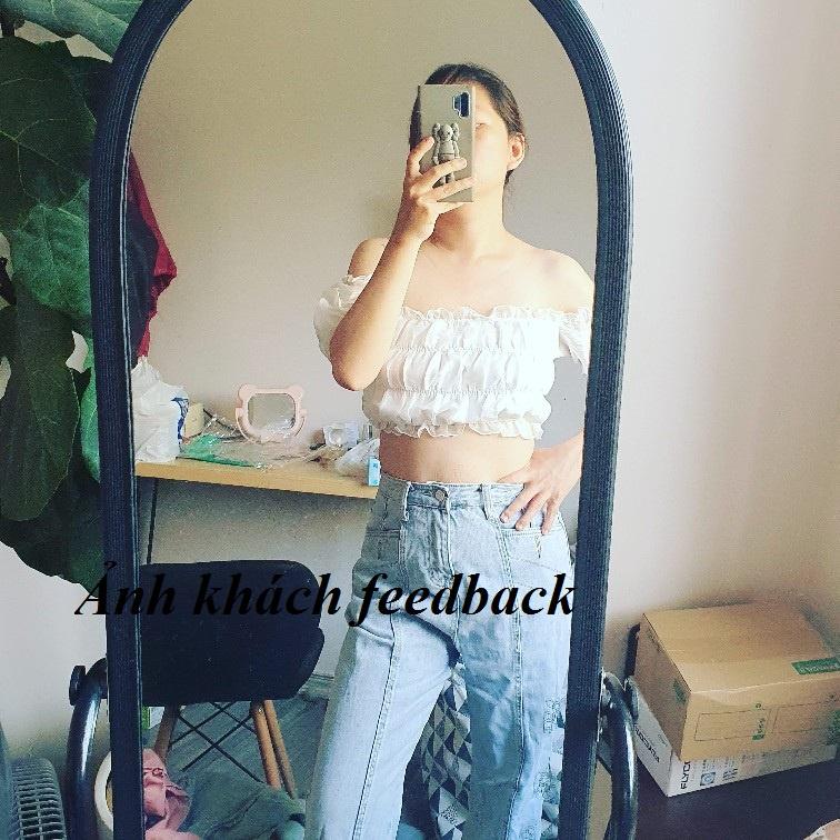 Áo croptop ánh kim trễ vai tay phồng có 2 màu freesize mặc được 2 kiểu