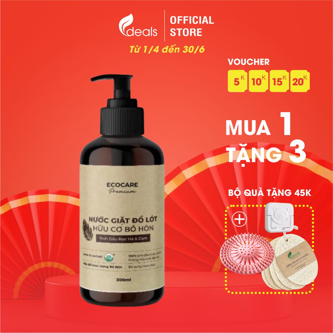 [Premium] Nước giặt đồ lót hữu cơ cao cấp Bồ hòn Ecocare tinh dầu Bạc Hà &amp; Cam - Chai 300ml