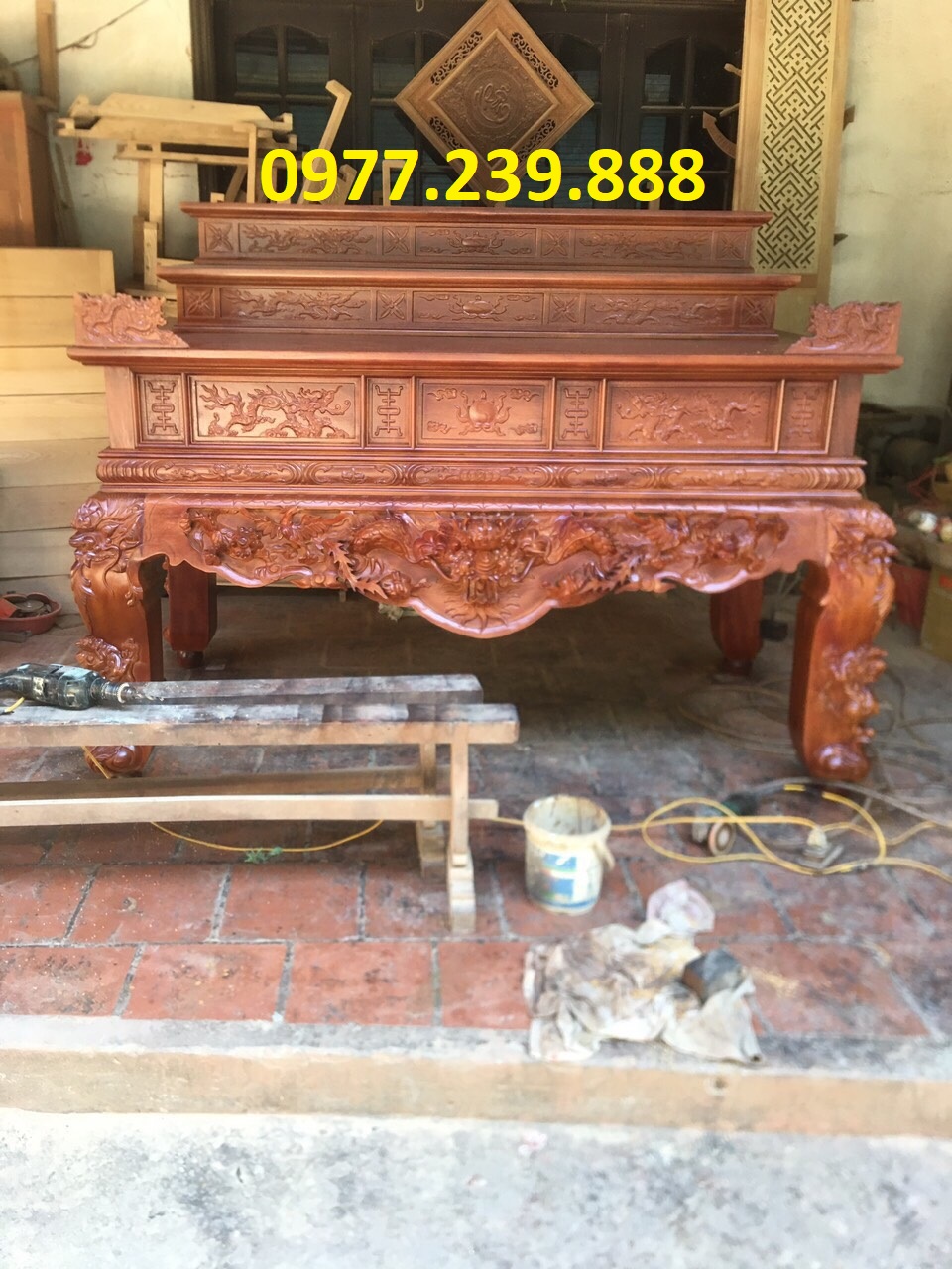 Sập thờ tứ linh gỗ mít nam phi chân 22cm 3 cấp