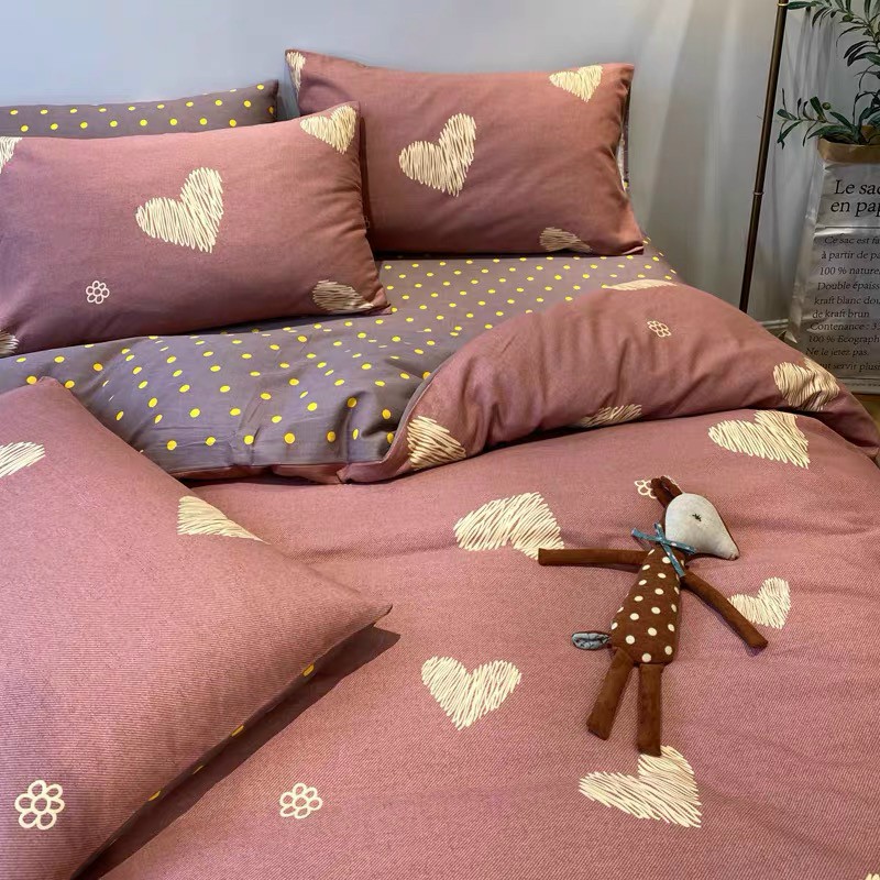 Bộ chăn ga gối cotton LIDACO PL1 - Tim Hồng - TẶNG VỎ GỐI ÔM
