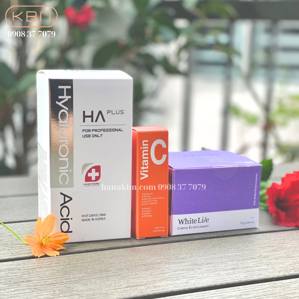 Combo 3 Sản Phẩm HA Plus 100ml + Vitamin C Bột + Kem Dưỡng White Lie, Tặng 2 Mặt Nạ Soothing