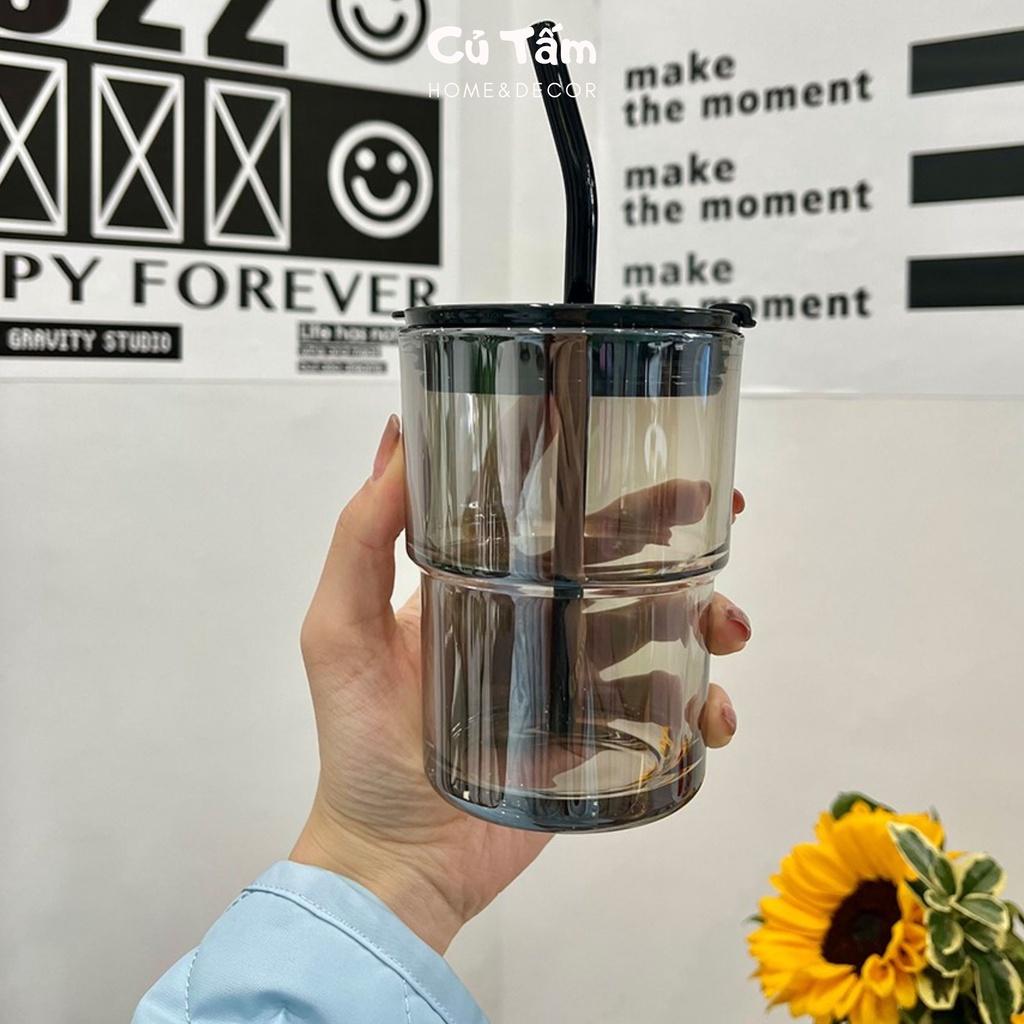 Ly thủy tinh, cốc thủy tinh đai da kèm ống hút và nắp đậy kín phong cách Bắc Âu size to