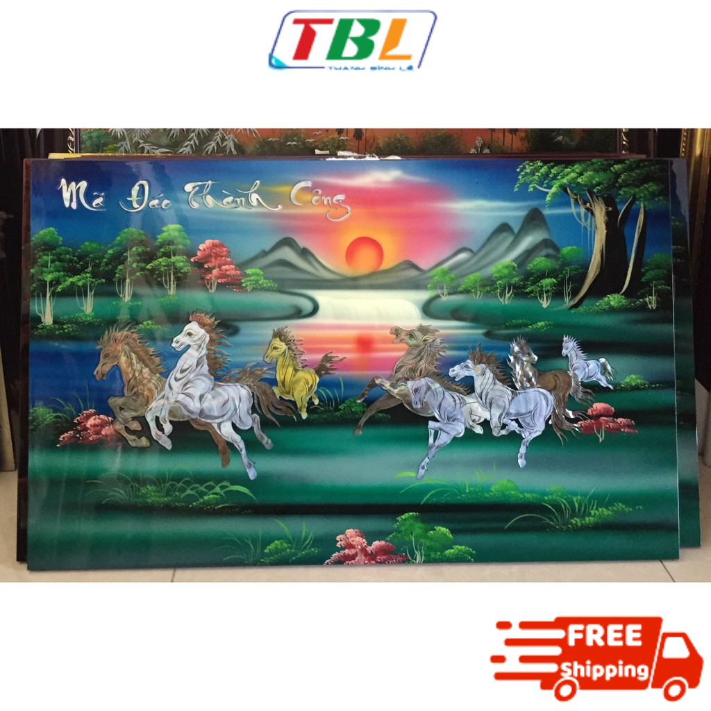 TRANG SƠN MÀI KHẢM XÀ CỪ MÃ ĐÁO THÀNH CÔNG kích thước 50x80 cm ( tặng kèm khung)