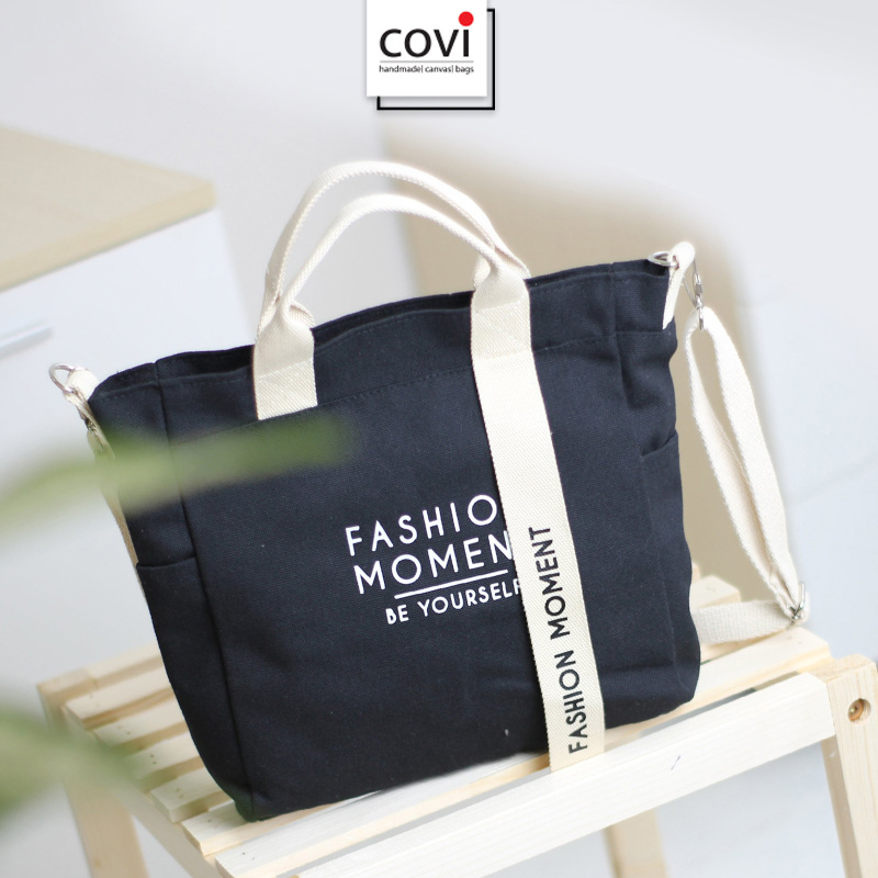 Túi vải Hàn Quốc, túi đeo chéo vải canvas phối chữ Fashion Moment thời trang Covi nhiều màu sắc T11-M-Màu Đen