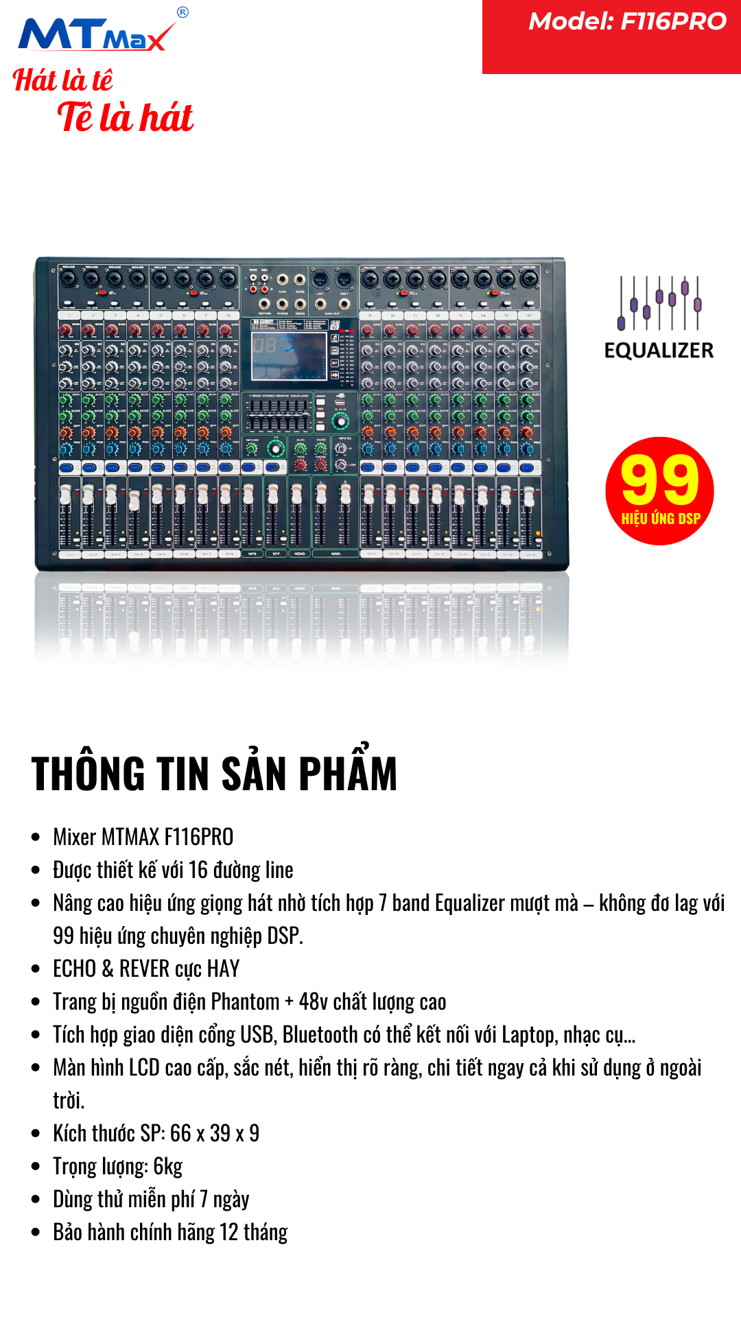 Mixer Cao Cấp MTMAX F116Pro 16 Đường Line 7 Band Equalizer Mượt Mà 99 Hiệu Ứng Chuyên Nghiệp DSP Bluetooth 5.0 Nguồn Điện Phantom + 48V Chất Lượng Cao. HÀNG CHÍNH HÃNG