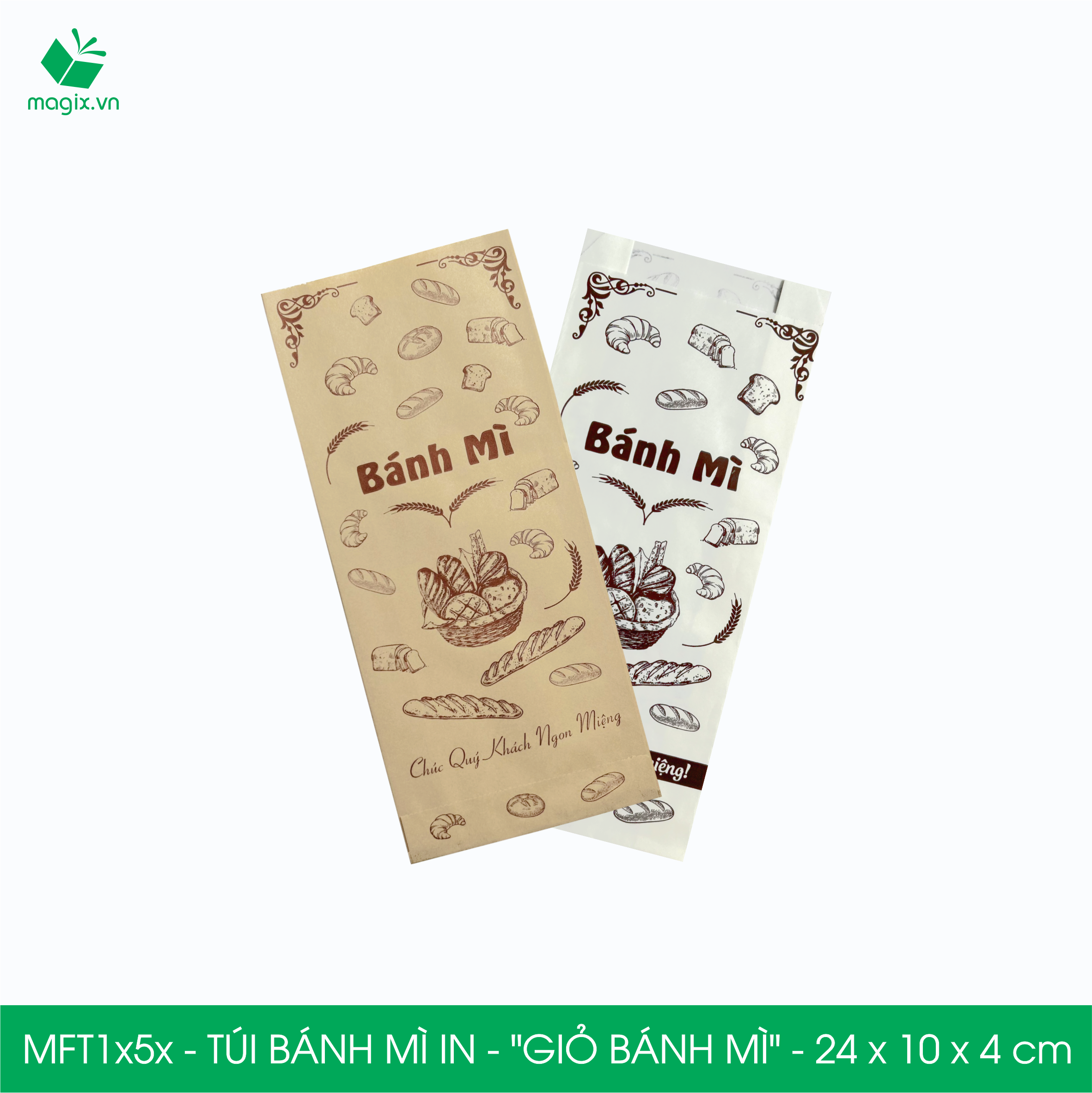 Combo 100 Túi bánh mì 24x10x4 cm, in sẵn họa tiết GIỎ BÁNH MÌ - Bao bánh mì Túi giấy thực phẩm an toàn