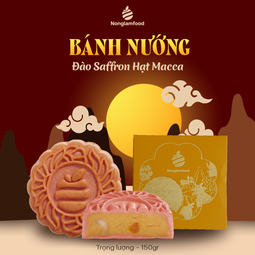 Bánh trung thu ăn kiêng, ít ngọt Đào Saffron Hạt Macca 150g (không trứng) Nonglamfood |Quà tặng healthy ý nghĩa