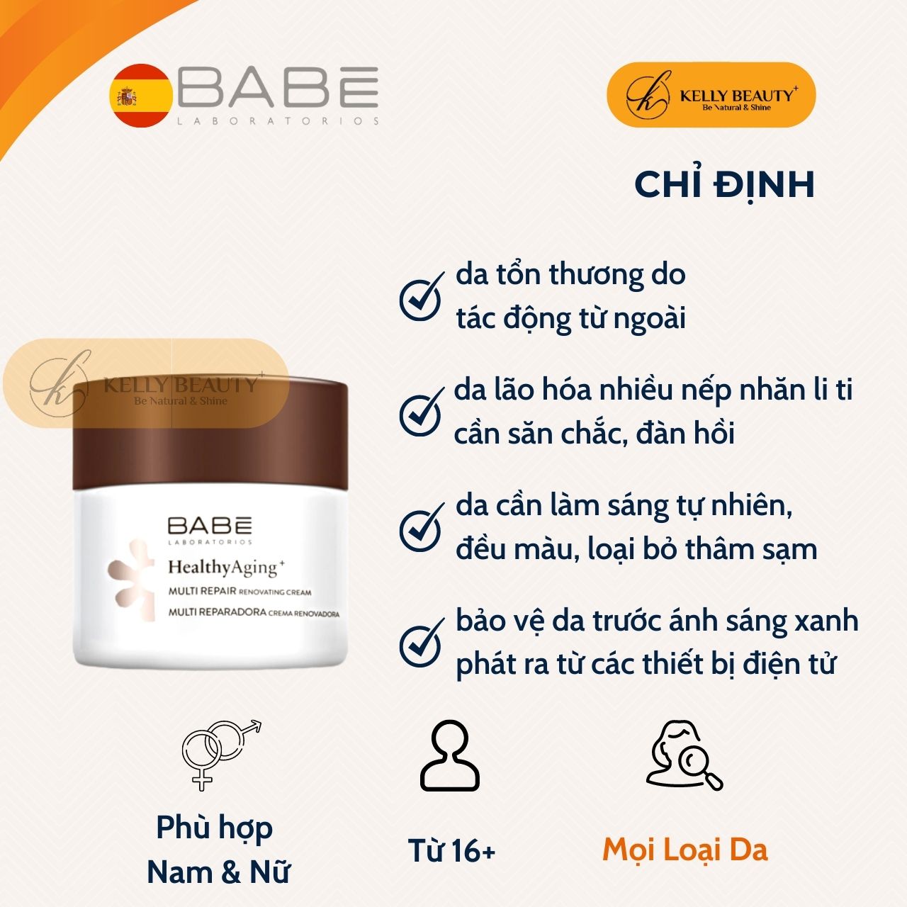 Kem Đêm Tái Tạo Phục Hồi Da BABE Multi Repair Renovating Cream - Giảm Nếp Nhăn Li Ti, Sáng Da, Đều Màu Kelly Beauty