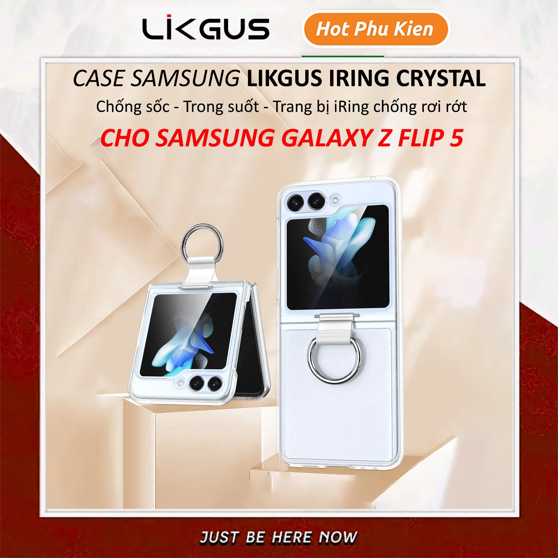 Ốp lưng chống sốc trong suốt kèm iring cho Samsung Galaxy Z Flip 5 hiệu Likgus Cover Ring (chất liệu cao cấp, thiết kế iring chống rơi rớt) - hàng nhập khẩu