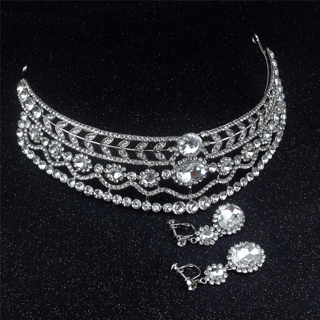 Wedding Diamante Rhinestone Baroque Tiara Crown Earrings Jewelry Set