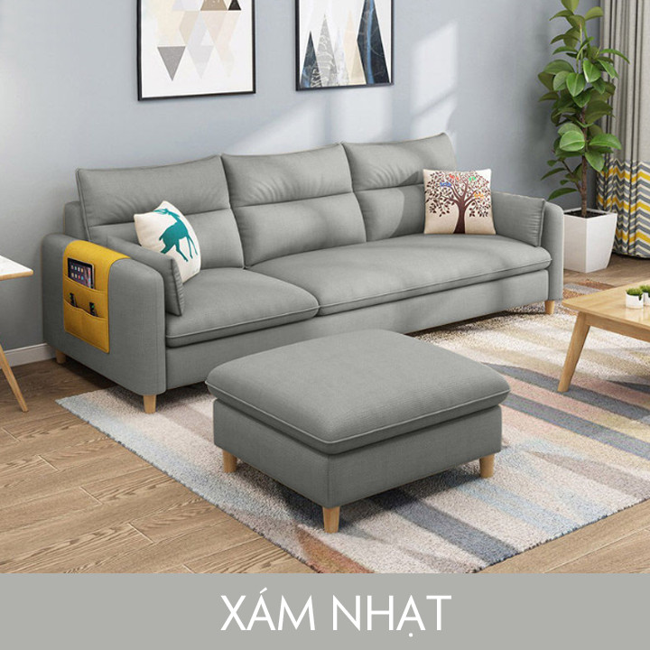 Sofa phòng khách hình chữ L chất liệu vải cao cấp tặng kèm gối  Kích thước: 210*142*78cm Chất Liệu: Khung gỗ bọc vải lanh cao cấp có thể tháo ra giặt, đệm bọt biển