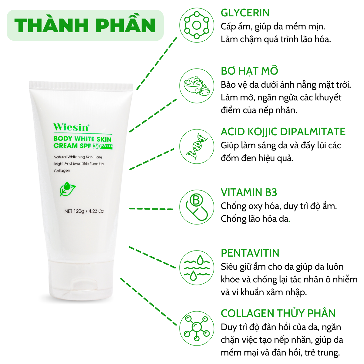 Kem body trắng da toàn thân có chống nắng Wiesin Body White Skin Cream 120g - WS06