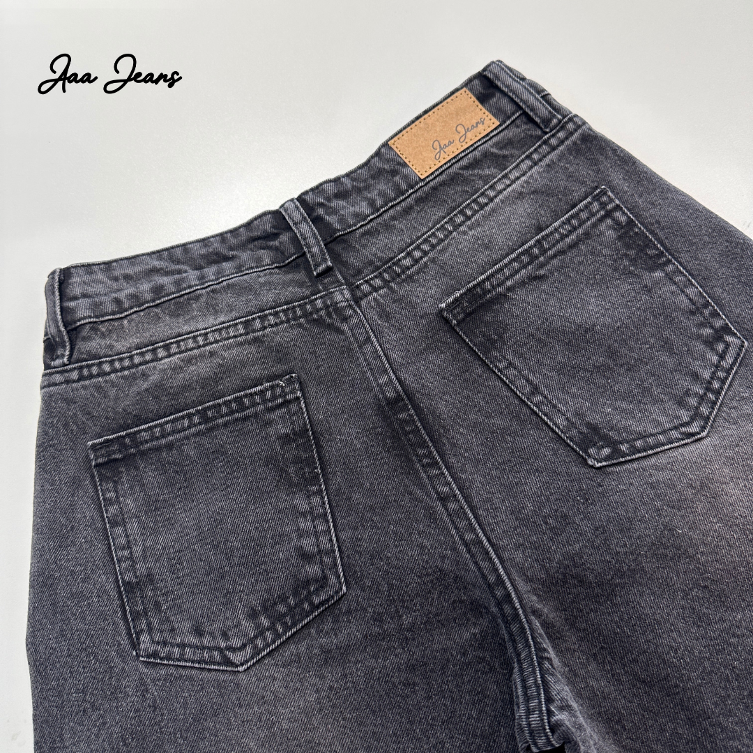 Quần jeans nữ màu xám ống suông lưng thấp Aaa Jeans