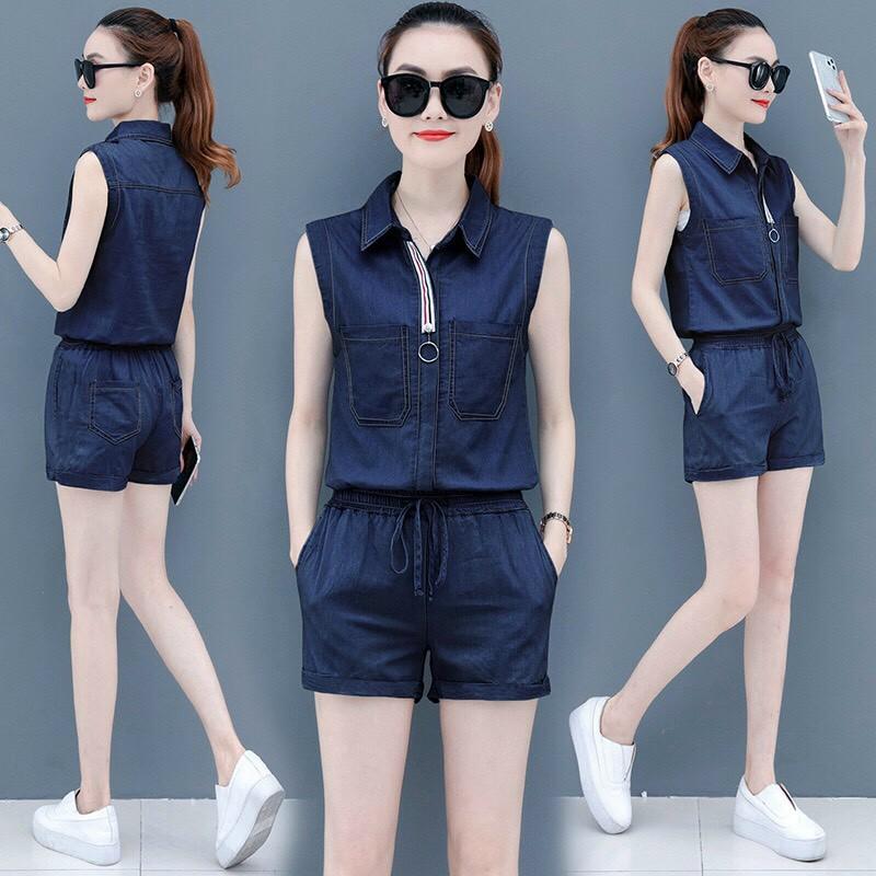 Set Bộ Denim Quần Short Áo Sát Nách, Set Bộ Jean Denim Cá Tính Dạo Phố, Đi