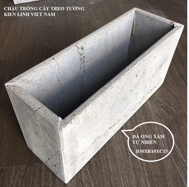 Chậu cây treo tường, hình chữ nhật, màu xám ghi bằng đá tự nhiên D30xR10xC15cm trồng cây treo giếng trời, sân vườn