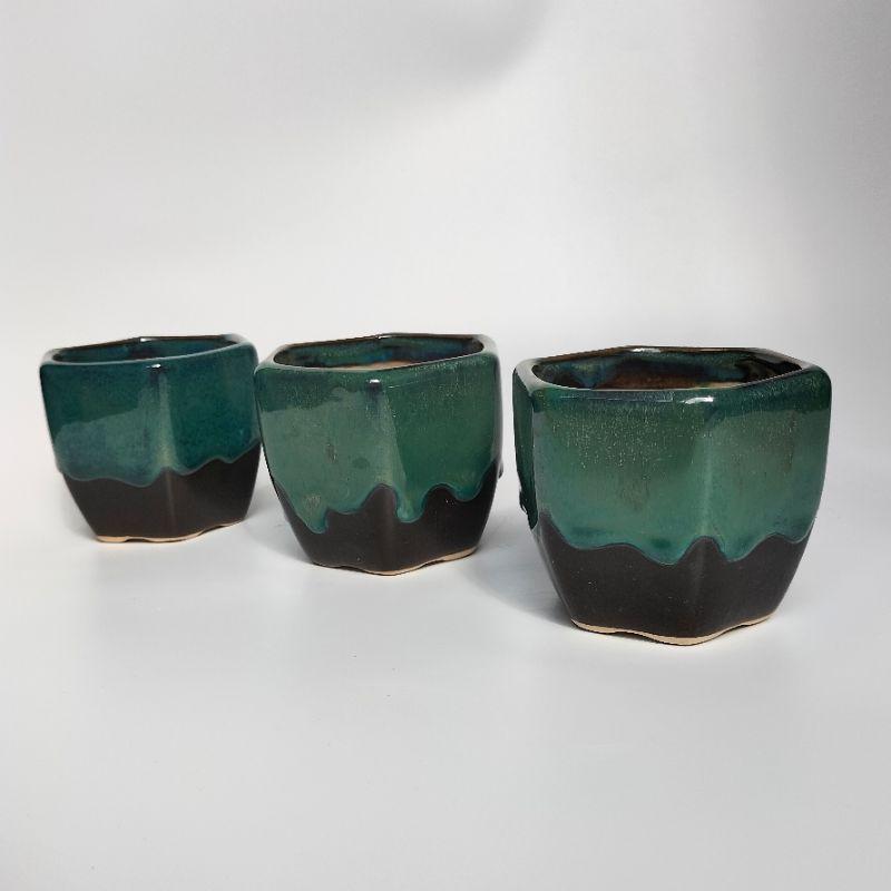 Chậu sứ trồng cây mini miệng lục giác để bàn, men hỏa biến bóng đẹp
