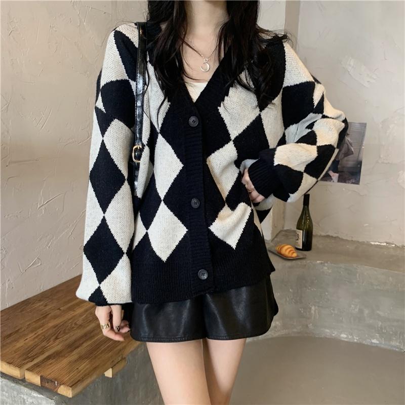 Áo khoác cardigan len nữ dệt kim kẻ ô caro họa tiết kim cương cổ V phối màu đen trắng dáng rộng bigsize H-16-1