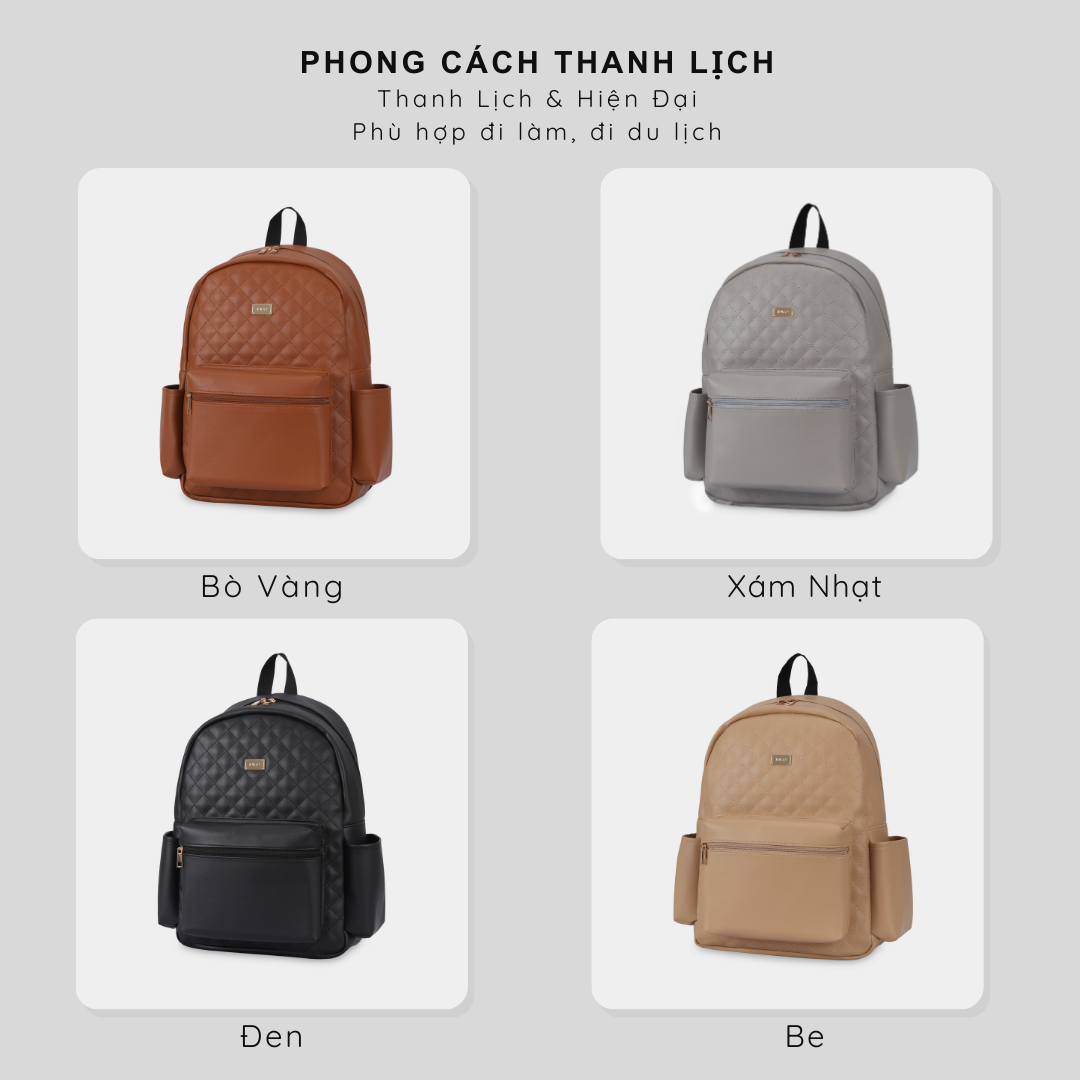 Ba lô công sở thời trang nữ IDIGO UBP2 – 6035 , Balo da nữ họa tiết chần trám thanh lịch đựng laptop 14 inch