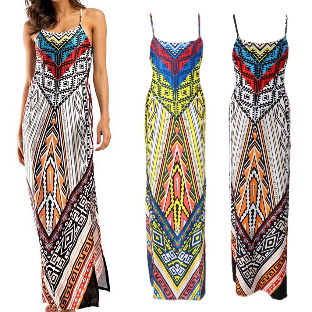 Women Boho Floral Long Dress Summer Evening Party Beach Slit Spilt Sundress - L