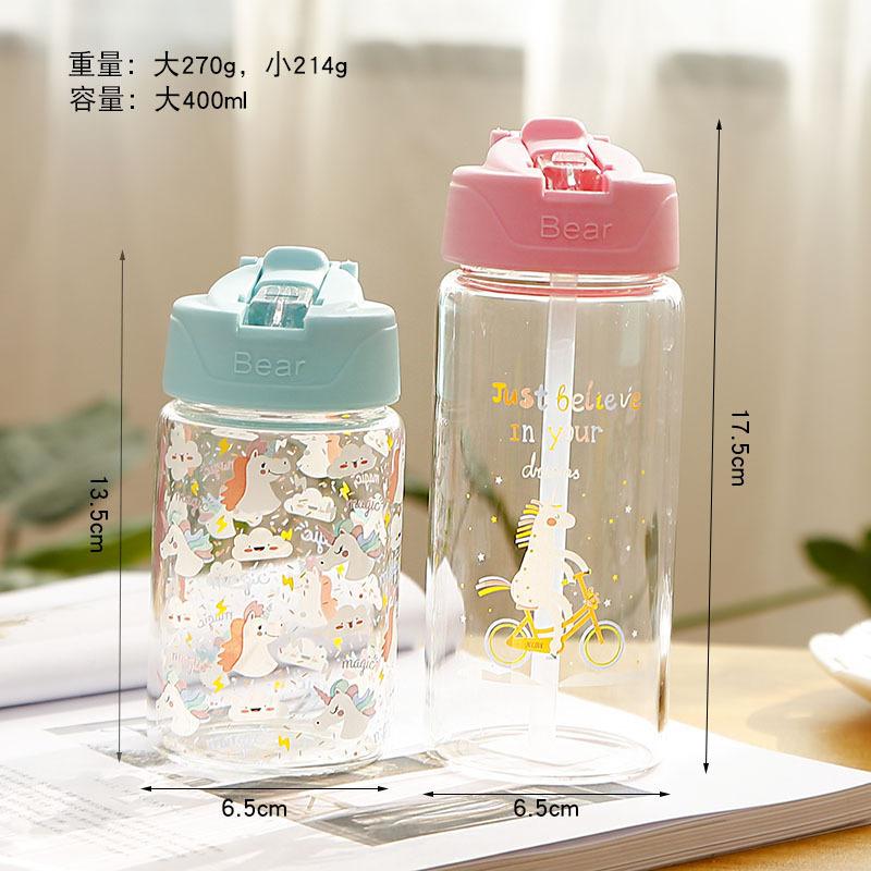Kỳ Lân Bình Nước Thủy Tinh Cho Trẻ Em Có Ống Hút Và Lật Nắp Bé Gái Rò Rỉ Chống Du Lịch Uống Chai Không Chứa BPA 300ml, 400Ml