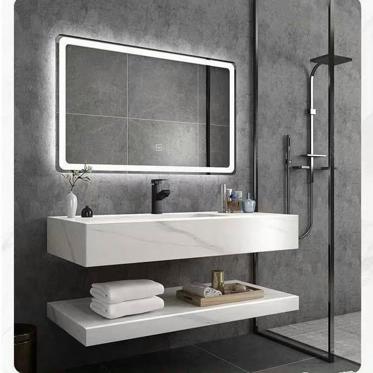 Bộ tủ bàn lavabo bằng đá chống trầy xước, màu đen, trắng, xám sang trọng, dài 80x50 kèm gương led