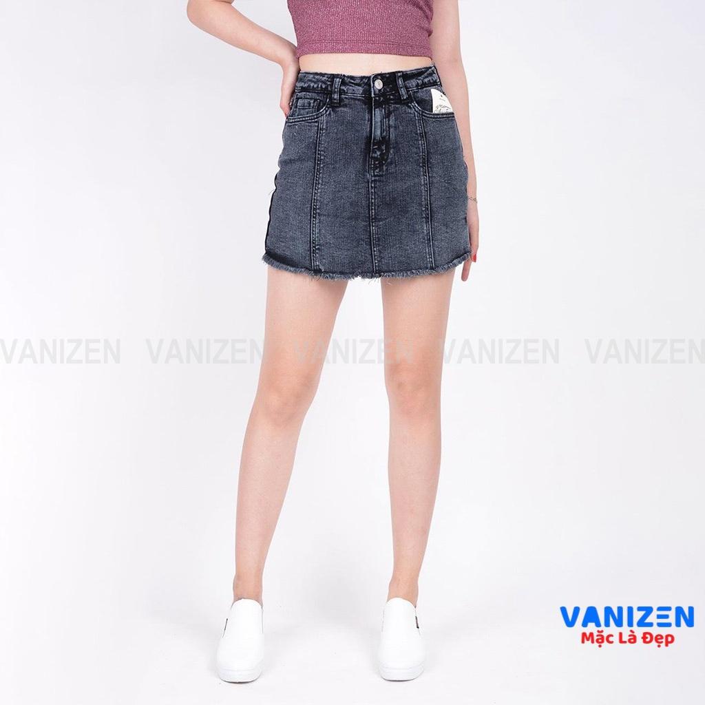 Chân váy jean nữ có quần bên trong đẹp lưng cao cạp cao trơn gân gấu tua rua xám khói hàng cao cấp mã 433 VANIZEN