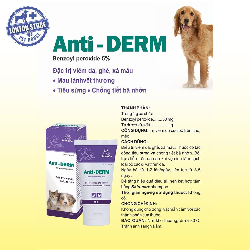 Anti derm - Gel Bôi Da Phòng Ghẻ, Viêm Da, Vết Thương, Lở Loét, Xà Mâu Cho Chó Mèo Anti Derm, 50g