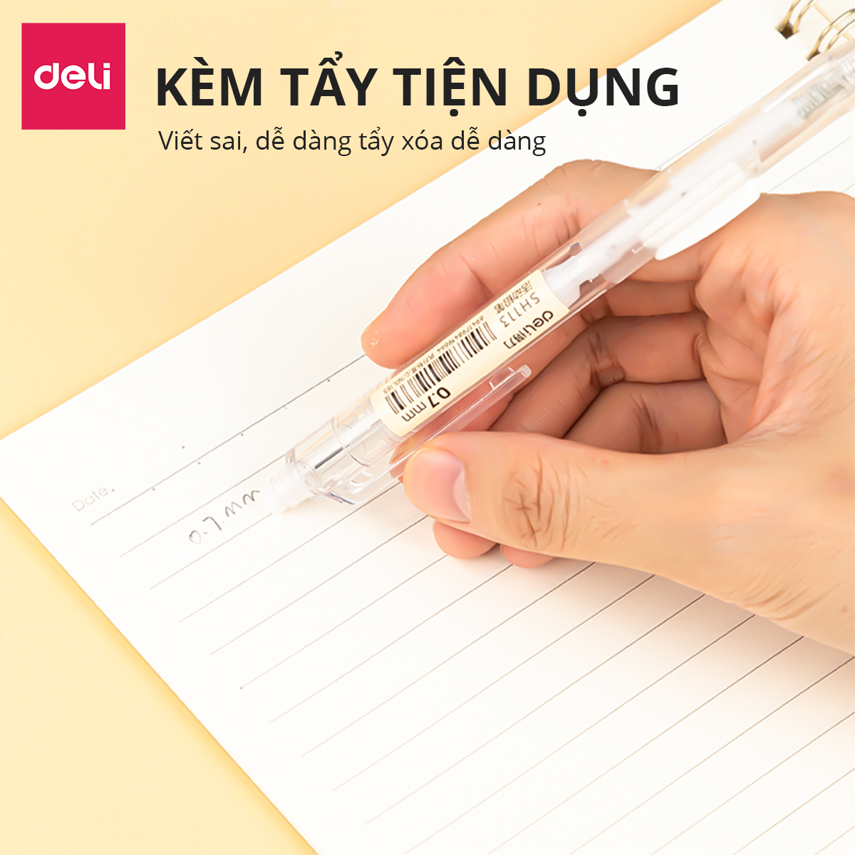 Bút Chì Kim Cơ Học Vỏ Trong Suốt 0.5mm 0.7mm Deli - Cao Cấp Kèm Đầu Tẩy Dành Cho Học Sinh Văn Phòng - SH102 SH103 SH112 SH113