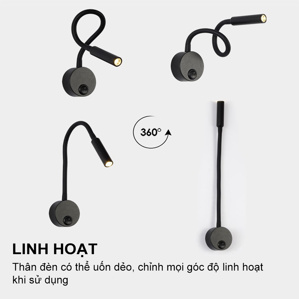 Đèn đọc sách đầu giường LED 3W, Loại gắn tường, Ánh sáng chiếu rọi điểm