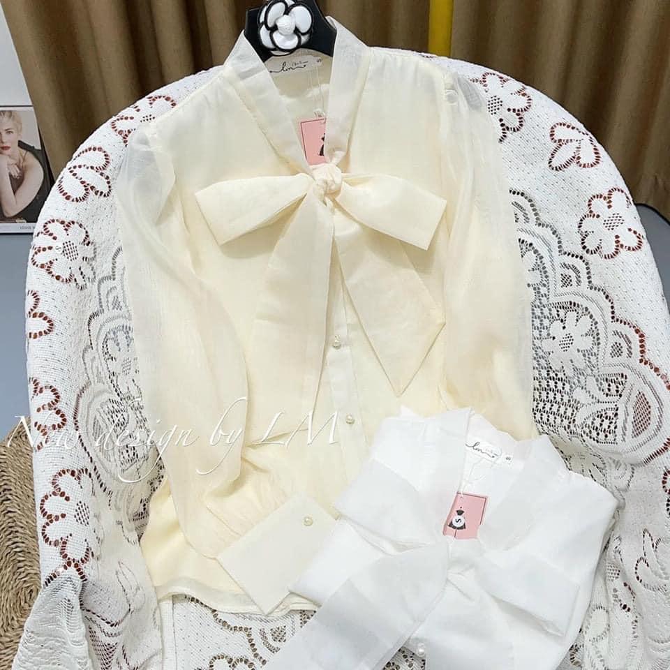Áo sơ mi nữ voan tơ tay phồng buộc nơ xinh, Áo sơmi trắng công sở nhẹ nhàng SM102