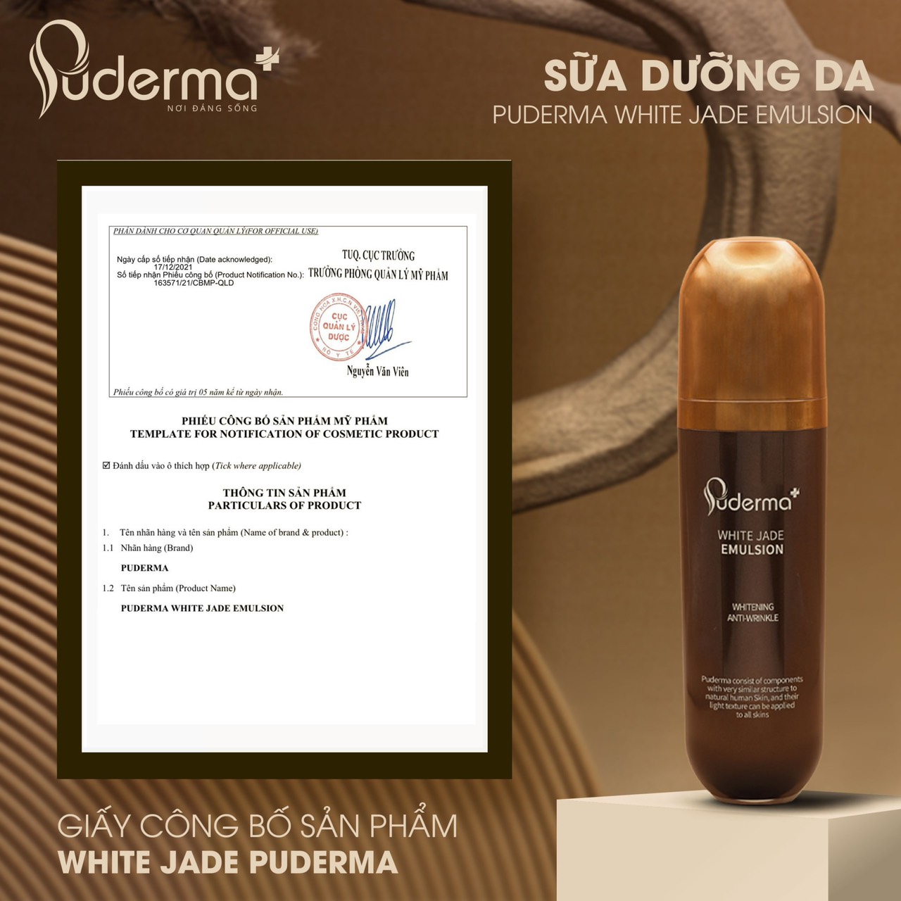 Sữa Dưỡng Hỗ Trợ Mờ Nám Puderma White Jade Emulsion 100ml: mờ thâm nám, nâng cơ, chống lão hóa.